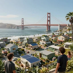 an imax view of a eco - friendly solarpunk habitat in a futuristic oceanside suburb of san francisco california, art by alejandro burdisio and federico pelat and paolo soleri, hyperrealism