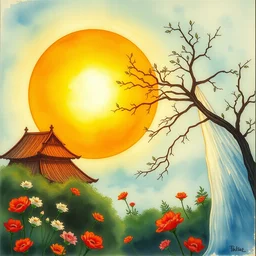 the sun. beautiful, realistic painting by mucha and kuvshinov and bilibin. watercolor, thick lining, manga