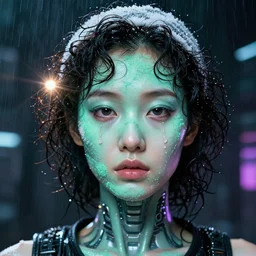 facial portrait of a korean dystopian android with mint smeared makeup, haribo skin, wet curly hair, base cap, sugar tears, a dark cyberpunk background, lens flare, rain, deep focus, d & d, intricate, elegant, highly detailed, photo, 9 0 s, artstation, blade runner, 8 k, sharp focus, octane, unreal engine 5, global illumination, radiant