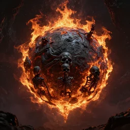 a firey, hellish planet with black skeletons