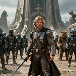 still image screenshot portrait of han solo defending bounty hunters against army of wookies on mandalore, from the tv show mandalorian on disney +, scene in front of a strange building, moody mining planet, kashyyyk, anamorphic lens