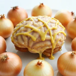 delicious brain, food photography, glazed icing, surrounding onions, drenched in mustard