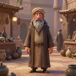 grancle stan as enigmatic merchant in pixar cartoon movie, ominous artifact shop on arabian market background, volumetric lighting, soft lighting, soft details, octane render, HDR, trending on artstation, 4k, 8k, HD