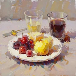 oil painting of breakfast with berries and coffee, glassware, thick strokes, vibrant, colorful, reflections, subsurface scattering