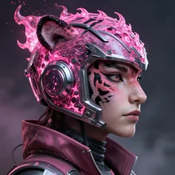 profile portrait, helmet tiger cyberpunk made of pink lava and fire in dc comics style, aurora digital package, profile portrait, cyberpunk fashion, realistic shaded perfect face, fine details, very dark environment, misty atmosphere, closeup, d & d, fantasy, intricate, elegant, highly detailed, digital painting, artstation, concept art, matte, sharp focus, illustration, hearthstone