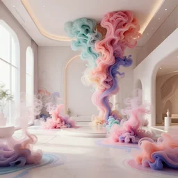 a modern indoor room full of insane detailed colorfull smoke, clean architecture, pastel colored, intricate detailed 3 d render, hyper realistic intricate acrilic fluid art, elegant, intense colors, wide shot, octane render, concept art, daylight, peaceful, 8 k