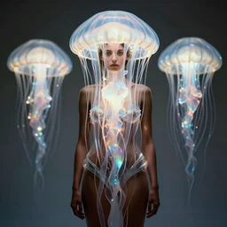 brown woman wearing a luminous jelly fish armor. refracted lighting. soft. fragile. by ray caesar. by louise dahl - wolfe. by andrea kowch. by tom bagshaw. surreal photography