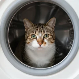 cat inside of a washing machine, close up, detailed