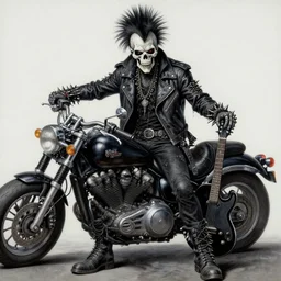 a portrait of the grim reaper as a punk rocker, punk, skeleton face, mohawk, dark, fantasy, leather jackets, spiked collars, spiked wristbands, piercings, boots, guitars, motorcycles, ultrafine detailed painting by frank frazetta and vito acconci, detailed painting