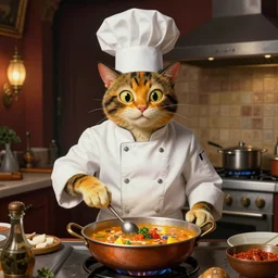 anthropomorphic cats chef cooking a delicious colorful soup on TV show, by Salvador Dali