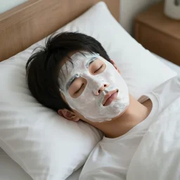 an east asian teenager wearing a facial mask laying in bed in his room