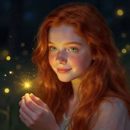 portrait of a red haired girl loving to be among among fireflies, with long hair, green eyes, round beautiful face, a soft smile, hint of freckles, wonderful lights, highly detailed, hyper realistic colorful art by artgerm