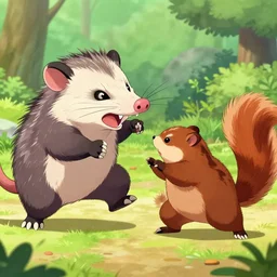 Action scene depicting furious battle between an Opossum and a Possum, anime style, vibrant colors