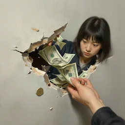 a hand breaks a wall. money comes out of the wall. By Bouguereau. Ruan Jia. Ayami Kojima. Masterpiece , ultra realistic, ultra detailed, concept art, trending on artstation