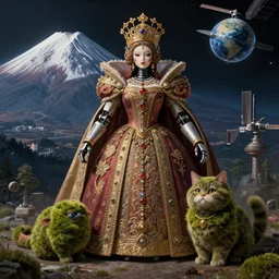 On the morning of the robot queen's coronation, The Mekanik Doll, chubby moss kitten, Mount Fuji seen from the International Space Station, highly detailed, digital painting, concept art, illustration, deep dark, artstation, intricate, beautiful and thematically complex, UE5, by Dylan Kowalski and deiv calviz