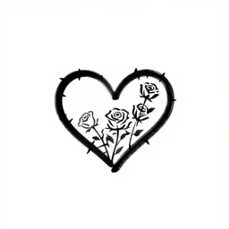 minimalist logo on white background. black heart filled with thorny roses. simple, elegant brushstrokes.