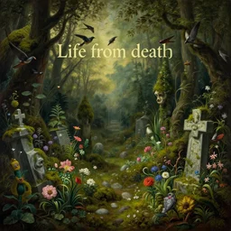 'Life from death' A horrifyingly detailed aesthetic horror landscape painting depicting 'A mossy graveyard with plants and flowers growing all over it, birds and insects flying all around it' by giuseppe arcimboldo and Rembrandt, Trending on cgsociety artstation, 8k, masterpiece, cinematic lighting, highly detailed, vibrant colors.