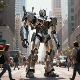 giant robot walking on New YORK street, trying not to step on passersby, digital art, high detailed, sharp focus,