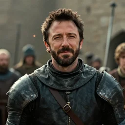 still frame from a movie, close up of an relieved ben affleck in a 15th century knight suit, centerframe, medieval background, rule of third, alexa 65, cooke prime 25mm, cinematic, film grain, flare