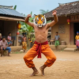 man with tiger mask dance in a litte village, vibrant colors, photography