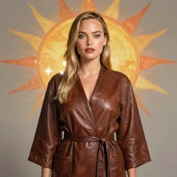 detailed Illustration of Margot Robbie in a Solarpunk leather robe, abstract sun in background, full body portrait, shiny skin, soft lighting, sharp details, warm colors, studio portrait, 35 mm film, subsurface scattering, lens flare