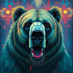 a jewish bear a close - up grainy, painting, bear is cool, floating above the metaverse, glitch art, neon colors, style by moebius and kim jung gi and barlowe wayne
