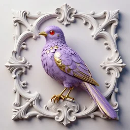 a beautiful render of an exotic pale lilac feathered and metallic gold bird with red jewel eyes, surrounded by an elaborate decorative plaster arabesque rococo motif, by Raphael and Antoine Watteau, zbrush, redshift render, 8k, hyperreal