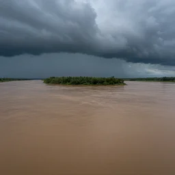 barren river with large storm clouds and a single island