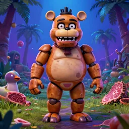 akihito tsukushi hyper realistic high resolution 4 k freddy fazbear made in abyss design fat cute pepe's design body a field of cool colors shading, paradise, butchery, scott cawthon animatronic five nights at freddy's art in the style of akihito tsukushi