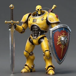 human-sized strong intricate yellow pit droid carrying very detailed perfect antique great sword and beautiful large paladin shield, pancake short large head, exposed metal bones, painterly humanoid mecha, slightly far away, by Greg Rutkowski