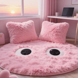 pastel, pink, bedroom, aesthetic, luxurious, fluffy, soft, pillow, sunset, laptop, desk, fluffy pastel pink carpet with cute big eyes, photorealistic, 1 4 k hd quality, highly detailed, vibrant, more coherent, super high quality, hyper realistic
