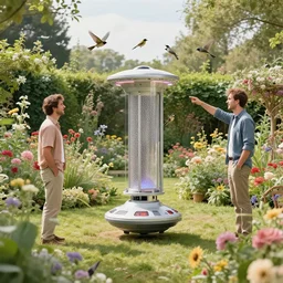 teleportation machine in a beautiful garden, with the smell of flowers in the air and the sound of birds singing by chris labrooy and rodney matthews, style of astrophotography