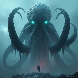 cthulhu of your nightmares, towering over you with glowing eyes, water dripping, highly detailed concept art, 8 k, digital art, trending on arstation, by greg rutkowski and ismail inceoglu