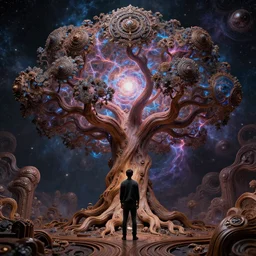 a human man standing next to a cosmic tree, a sense of awe, amazement, monogon, plasma display, wooden, damascus, multiscopy, morph, in a symbolic and meaningful style, insanely detailed and intricate, hypermaximalist, elegant, ornate, hyper realistic, super detailed