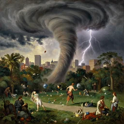 a detailed illustration of a massive tornado touching down in the middle of central park, flying trees and park items, calamity, dark storms with lightning, 8 k, art by pierre - henri de valenciennes and caspar david friedrich and jacob gensler and eugene isabey, art by greg rutkowski and alphonse mucha and andreas rocha and albert bierstadt