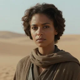 a cinematic headshot portrait of a millie brown in the movie dune, in a serene vast desert, film still, cinematic, movie still, dramatic lighting, 1 6 : 9 ratio