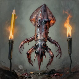pencils of 1 1 horrifying non semetric, brutalist squid, filthy, putrid spore chrome dip by wayne d barlowe, stefano tamburini, torch light, muted colors, epic, hyper detailed, awe inspiring, award winning horror, hyper realism, cinematic