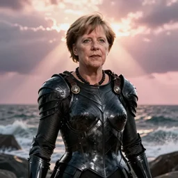 Angela Merkel wearing black Armor, epic portrait of a very strong muscled Amazon heroine, sun beams across sky, pink golden hour, stormy coast, intricate, elegance, highly detailed, shallow depth of field, epic vista, Ralph Horsley, Daniel F. Gerhartz, Artgerm, Boris Villajo, Lilia Alvarado