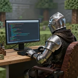 a medievil knight sitting in front of a pc coding minecraft