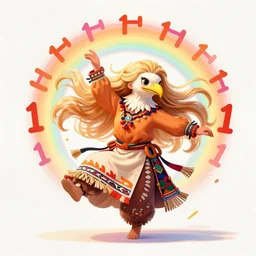 quirky cute dancing eagle woman, long blonde hair, engulfed in funkadelic aura, 1 1 1 1, lakota sioux, feathers, surreal illustration, clean, alphonse mucha, rhads, ross tran, artstation, artgerm, octane render, 1 6 k