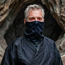 photograph of geert wilders with sharingan eyes wearing akatsuki robe, in a cave, dramatic lighting