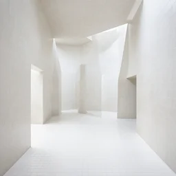 photo of a vast interior space of irregular rooms and corridors. ceramic white tiles on all the walls.