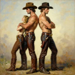 a homoerotic symmetrical painting by clyde aspevig, greg rutkowski, gaston bussiere, j. c. leyendecker of attractive hairy gunslinger and handsome cowboy wearing leather pants, they are in love standing back to back | bandoliers, shirtless | tom of finland, trending on artstation