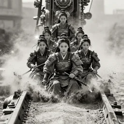 old vintage  photo of  Chinese ancient warrior female team  on the complex steam punk hooverboard,  extreme sports photography , dynamic photography,clean symmetrical faces, high speed,dirt and grawel flying in the spot,  lens flares, dust in the air, dramatic lighting, intricate, highly detailed, centered, smooth, sharp focus,  sports photography, old photo, black and white, sepia, cinematic lighting, cinematic angle,  national geographic