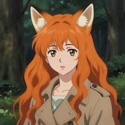 illustration by shigenori soejima, by tatsuki fujimoto, by yoji shinakawa, girl with fox ears, long wavy orange hair, light brown trenchcoat, forest background, focus on face, pretty, moody lighting, painterly