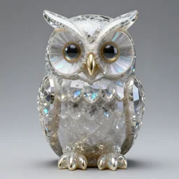 symmetrical detailed sculpture of an owl, made of Iridescent Prismatic Crystal