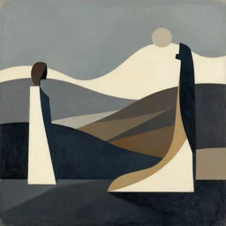 abstract landscape with geometric and human forms