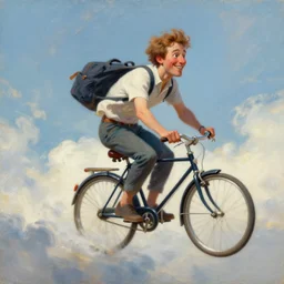 A whimsical painting of a happy man flying in the sky on his bicycle in the clouds, action shot, subject is smiling, expressive oil painting, digital art
