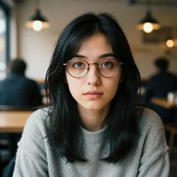 a photograph of a nerdy young woman from london wearing a sweater, sitting in a cozy cafe, black hair, dof, sharp focus, highly detailed face, symmetric face, realistic iris, cinestill 8 0 0 t, photography by paolo roversi