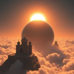 futuristic technologically advanced persian solarpunk world, highly detailed, temples on the clouds, one massive perfect sphere, bright sun magic hour, digital painting, solid cube of light, hard edges, artstation, concept art, sharp focus, illustration, 8 k highly detailed, ray - traced